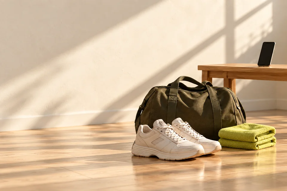 Dance shoes, an olive bag and a lime towel beside a practice bench